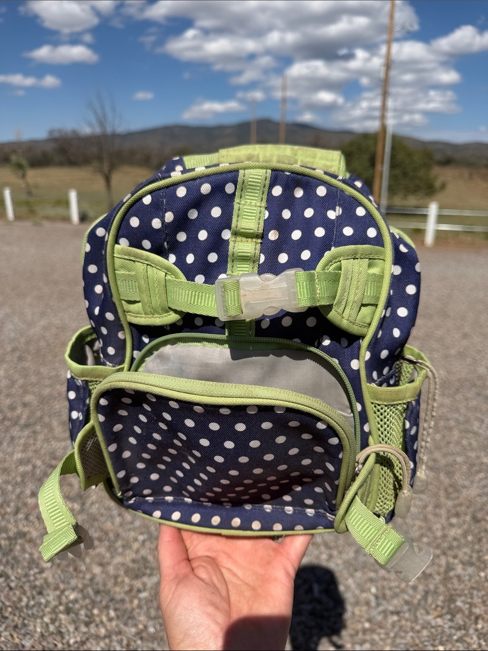 Pottery Barn Kids Navy Polka Dot Backpack with Lime Trim